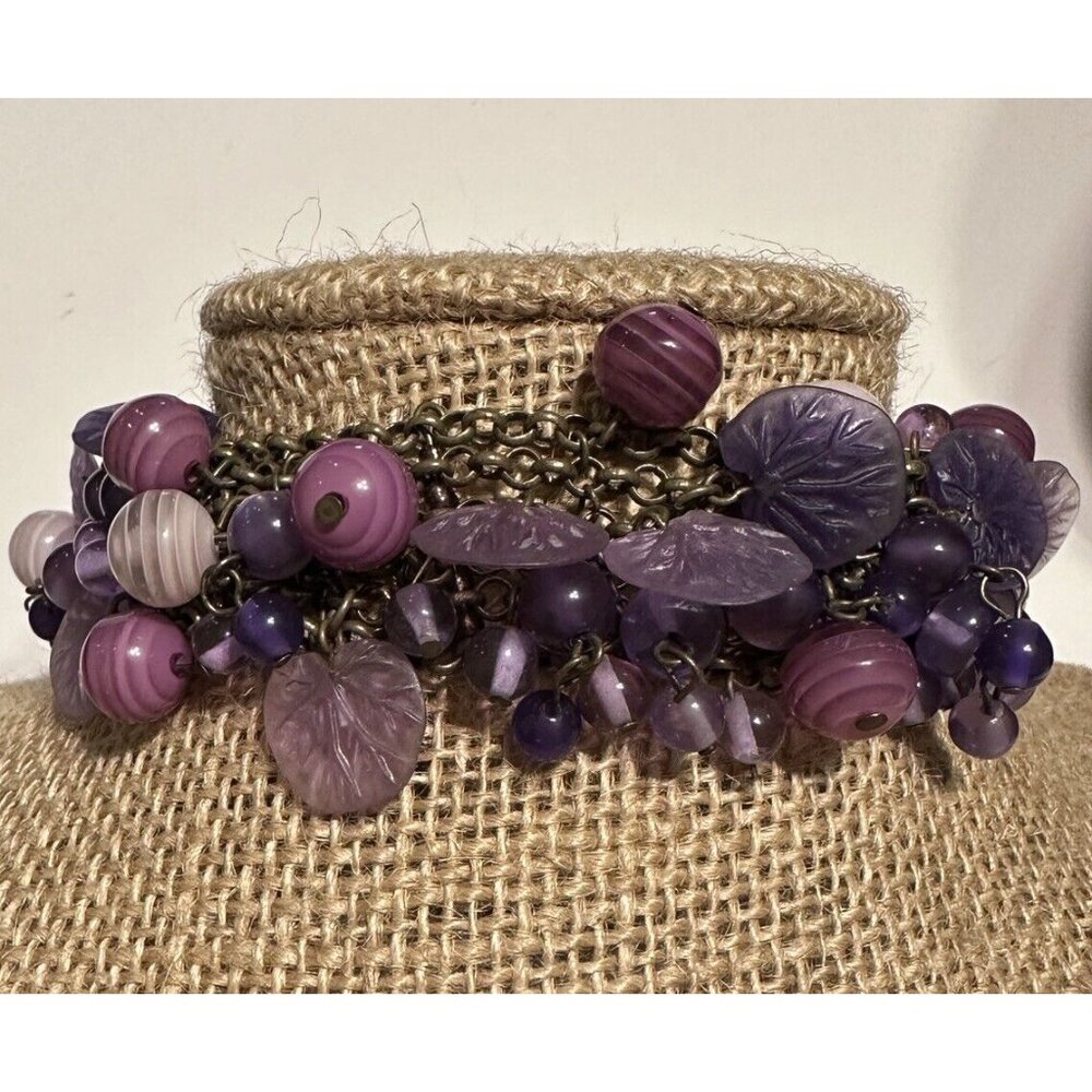 Purple Beaded Chain Mail Bracelet Charm Accent  Statement Wide